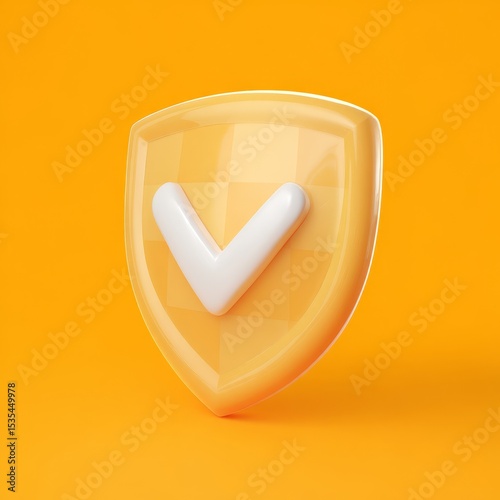 This vibrant shield features a glossy lemon orange color and a white checkmark design shining against an equally bright orange backdrop