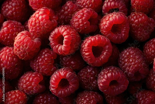 A cluster of fresh red raspberries fills the frame, highlighting their rich color and bumpy surface, evoking a sense of summer freshness photo