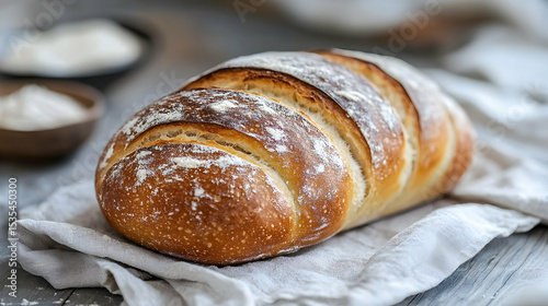 Crusty sourdough bread loaf, artisan bakery, freshly baked, golden brown, rustic style, delicious, homemade, food photography, appetizing, texture, detail, close-up.