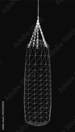 Black and white wireframe punching bag hangs from a chain, featuring a cylindrical shape and a top handle for easy transport. The bag appears securely suspended, ideal for boxing or fitness themes.