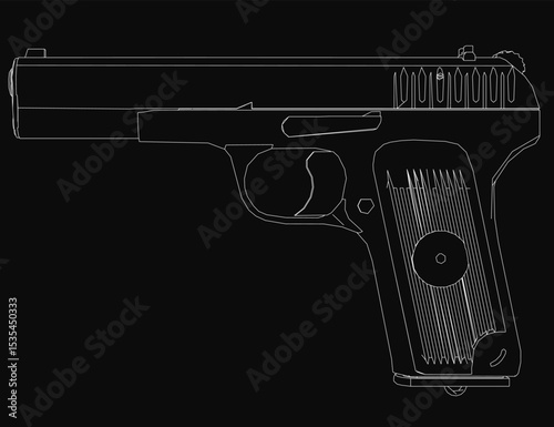 Pistol sketched in black and white, isolated on a dark background with clean lines and sharp details. The monochrome artwork highlights the weapon's sleek design and contours.