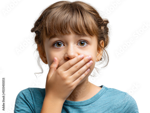 Whispered Secrets: A captivating portrait of a young girl, her hand delicately covering her mouth, her expressive eyes widening with a mix of surprise, intrigue, and confidentiality.