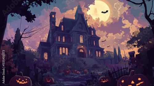 Halloween night illustration featuring a spooky haunted house, pumpkins with carved faces, bats flying in the sky, and a full moon with a cloudy sky in the background.