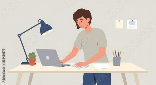 Person Cleaning Desk While Working on Laptop with Desk Lamp and Plant.