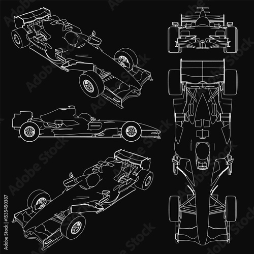 Detailed blueprint of a racing car with intricate vector design, showcasing headlights, grille, and wheels on a sleek black background. Perfect for racing enthusiasts and automotive projects.