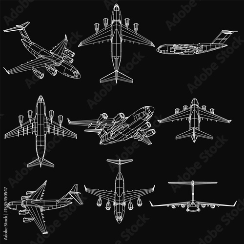 Airplane models arranged in a line on a black background, each with unique designs. Clear details include engines, wings, and tails. The white planes contrast sharply against the dark.
