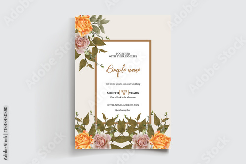 WEDDING INVITATION FRAME WITH FLOWER DECORATIONS AND FRESH LEAVES