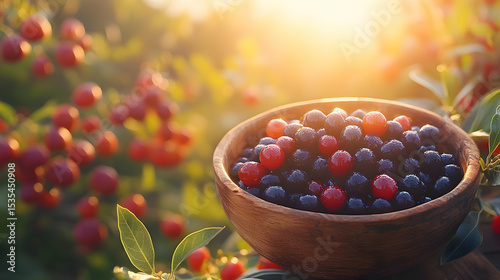 Sunlit bowl of vibrant red and dark berries, nestled amongst lush green foliage.  Perfect for healthy eating, summer vibes, and food blogs.