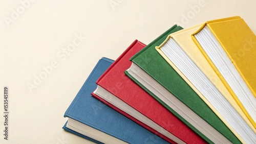 Books lined up in rows on a solid color background.