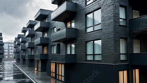 Contemporary black apartment buildings with balconies and reflections on wet pavement during rainy weather