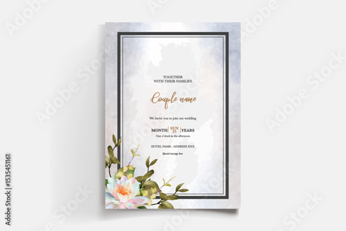 WEDDING INVITATION FRAME WITH FLOWER DECORATIONS AND FRESH LEAVES