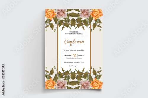 WEDDING INVITATION FRAME WITH FLOWER DECORATIONS AND FRESH LEAVES