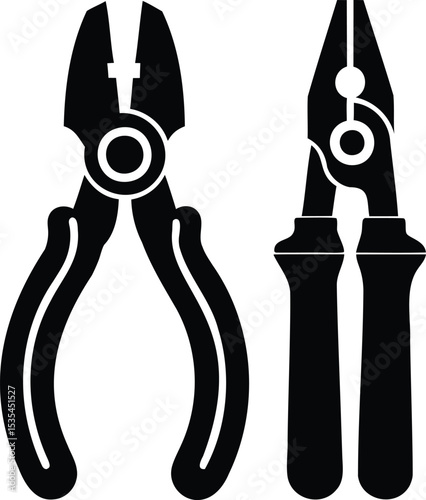 Black Silhouette Vector Set of Wire Cutter and Combination Pliers – Industrial and Electrical Hand Tool Icons for Repair or Construction Work