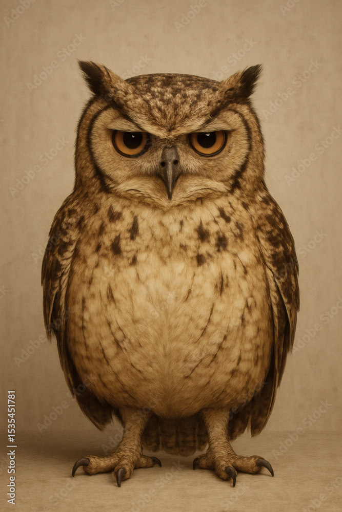 Naklejka premium Majestic owl portrait. Features an expressive gaze, striking orange eyes, and detailed plumage. Perfect for wildlife or nature themes.