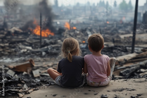 Kids sitting in front of a burned-down city. The city was destroyed in a war, an earthquake, or fire. The political world is fighting against children's innocence.