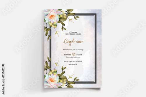 WEDDING INVITATION FRAME WITH FLOWER DECORATIONS AND FRESH LEAVES
