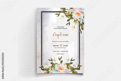 WEDDING INVITATION FRAME WITH FLOWER DECORATIONS AND FRESH LEAVES