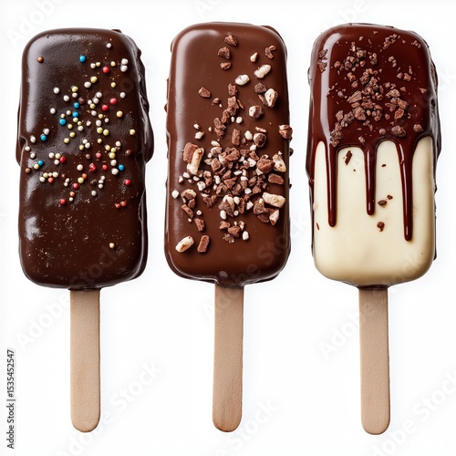 Different ice creams covered with chocolate isolated on white background.