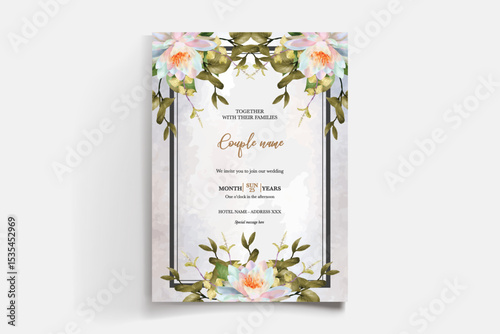 WEDDING INVITATION FRAME WITH FLOWER DECORATIONS AND FRESH LEAVES