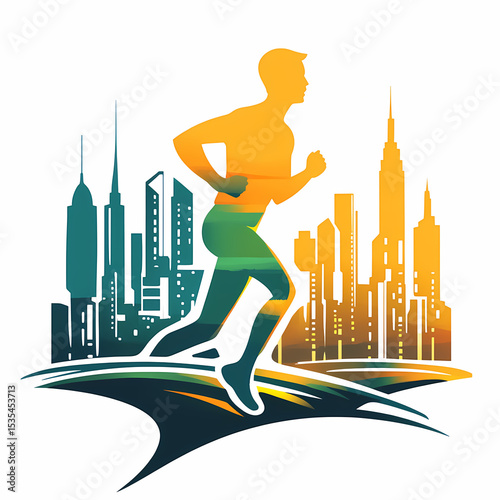 Dynamic Abstract Icon of Marathon Runner and Cityscape Celebrating Global Athletics