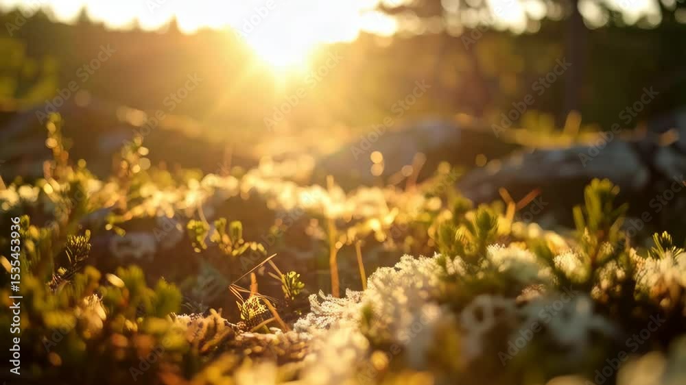 Low angle shot of white lichen and vegetation bathed in warm sunlight in a sparse forest at dusk or dawn
