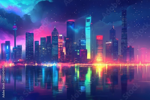 Vibrant cityscape at night, reflected in calm waters.  Neon lights paint skyscrapers in hues of pink, blue, and green.  Stars and clouds add a dreamy effect