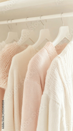 Neutral clothes hanging on a rail in a bright, organized closet, background