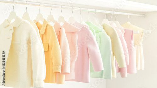 Light pastel clothes on rail, soft colors and minimal design background