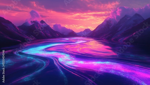 Vibrant river winds through a colorful mountain landscape at sunset