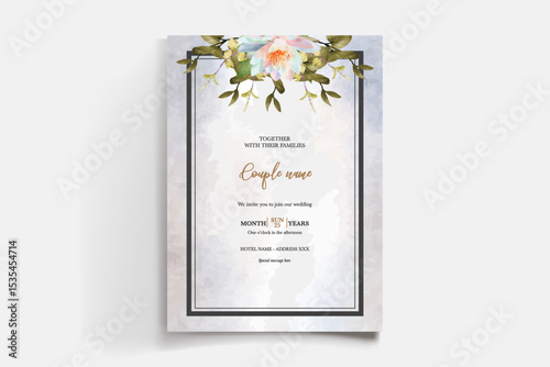 WEDDING INVITATION FRAME WITH FLOWER DECORATIONS AND FRESH LEAVES