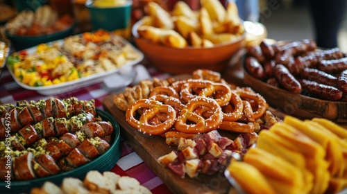 Delicious german food feast featuring pretzels, sausages, and other traditional fare