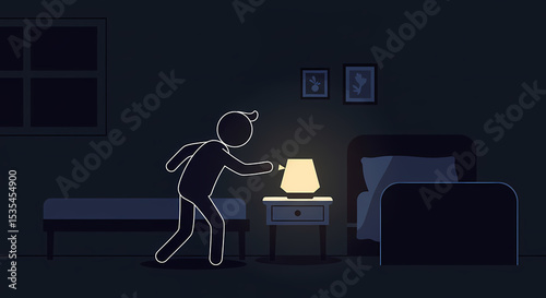 Animated Figure Reaching for Illuminated Lamp in Dark Bedroom Scene.