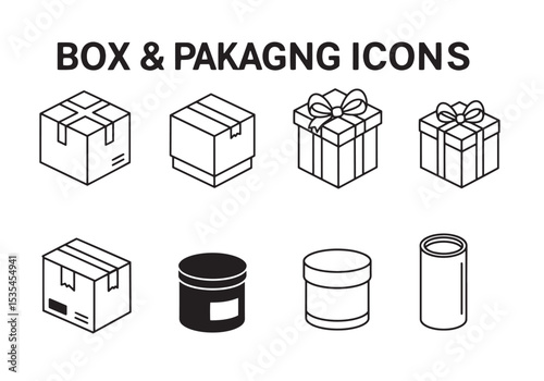 A collection of packaging icons including boxes and containers in simple black and white outlines