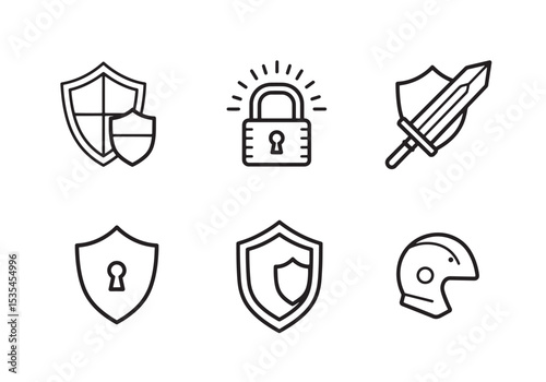 A collection of vector icons representing security protection safety and defense concepts