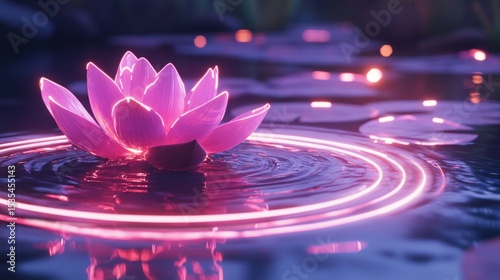 Enchanting lotus flower glowing in a serene pond with ripples and neon light