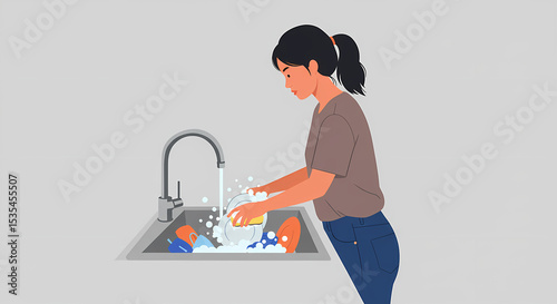 Woman Washing Dishes in Modern Kitchen Sink