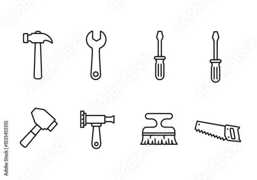 Collection of black and white line art illustrations of various workshop tools and equipment