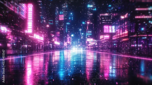 Futuristic cityscape with neon lights reflecting on wet streets in a vibrant scene