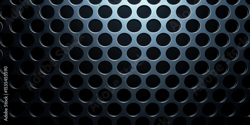 Close-up of a metallic surface with a pattern of evenly spaced circular holes, creating a sleek and industrial perforated design.