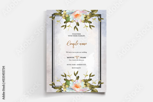 WEDDING INVITATION FRAME WITH FLOWER DECORATIONS AND FRESH LEAVES