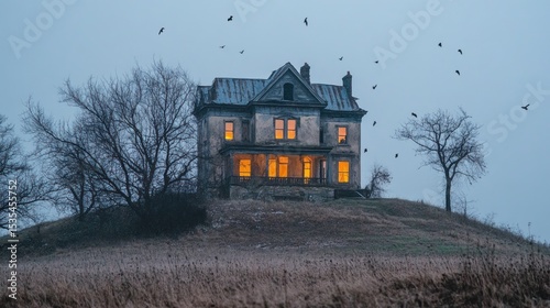 Gloomy Mansion on a Hill: An Eerie Landscape with Birds and Twilight Sky