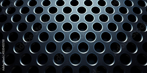 Close-up of a metallic surface with circular perforations creating a patterned, industrial texture with light reflections.