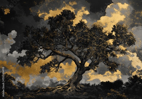 Ancient tree under dramatic clouds