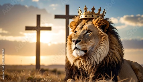 Lion with crown, crosses, sunset