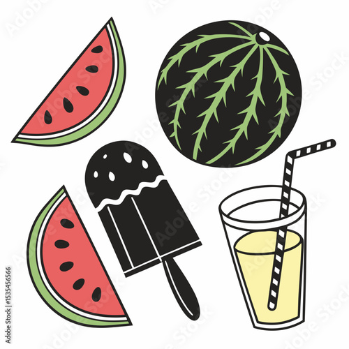 Black vector of sliced watermelon, ice cream cone, popsicle, and lemonade glass, bold summer elements