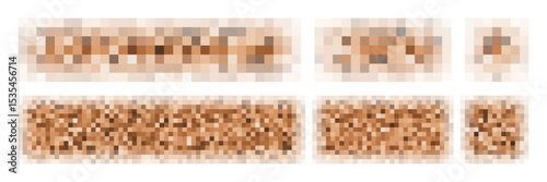 Censor pixel png. Blurred censure mosaic effect, People face image overlay. Square bar to hide secret word, naked body, screen nudity. Beige skin color, unknown private content. Vector tv bg template
