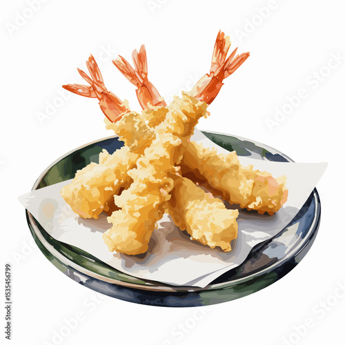 Watercolor Shrimp Tempura on a Decorative Plate