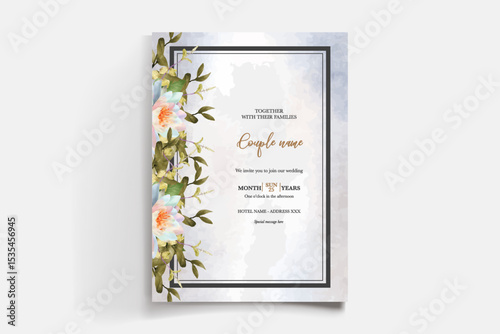 WEDDING INVITATION FRAME WITH FLOWER DECORATIONS AND FRESH LEAVES