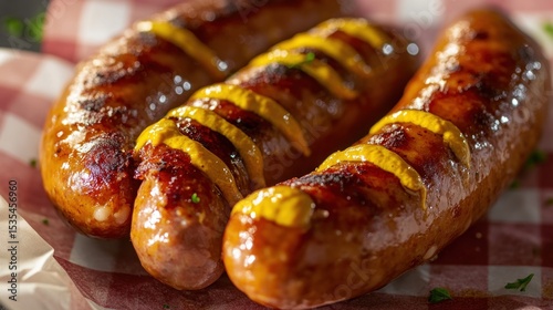 Three juicy grilled sausages topped with mustard, arranged appetizingly on a checkered cloth