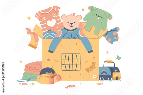 Merry Christmas or New Year colorful icon gift box present with clothing. Shopping package and close box with bow. Big winter sale discount online clothes store. Shopping for the holidays. Eps 10